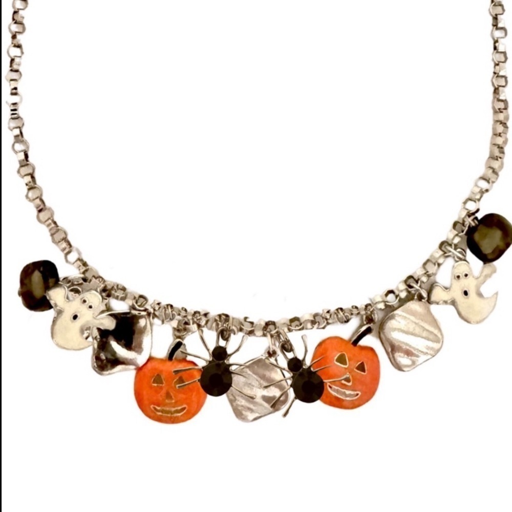 VINTAGE • Halloween Spooky Ghost Pumpkin Spider Charm Fun Necklace
